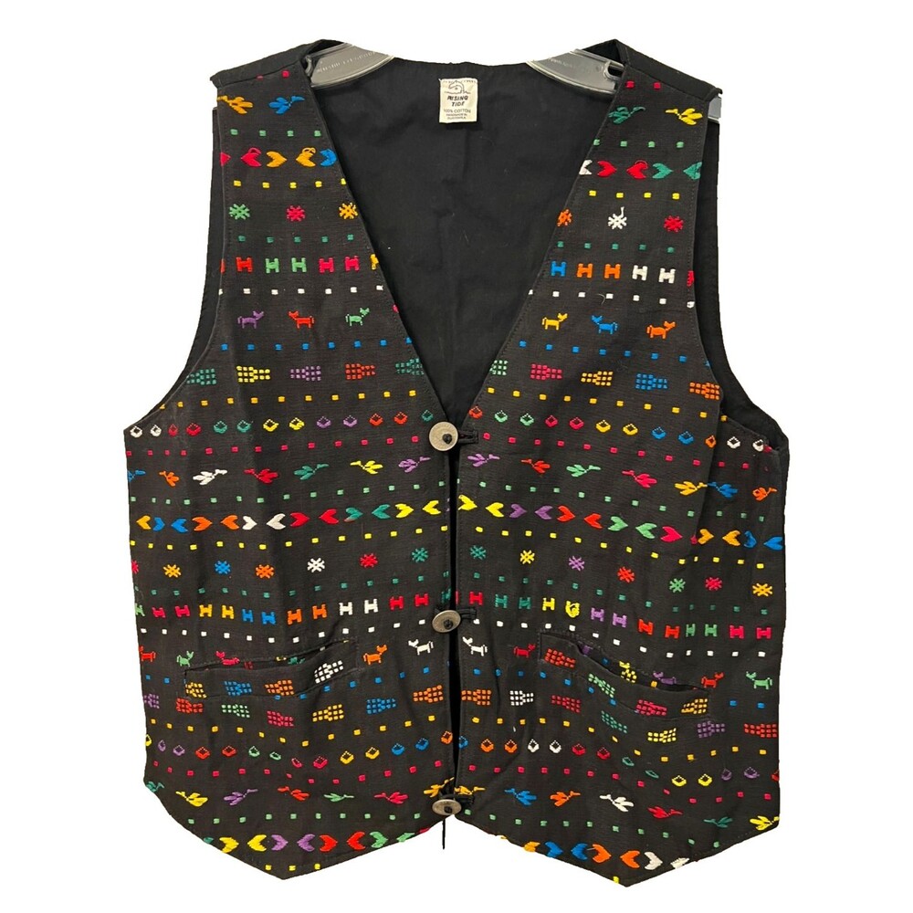 Vtg Rising Tide Guatemalan Colorful Handmade Vest Cotton Rainbow Coin Buttons